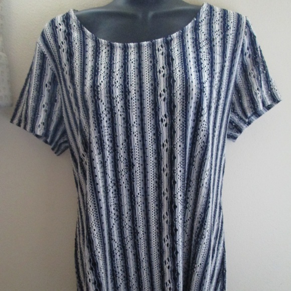 Chico's Navy Blue White Stripe Fringed Hem Top - Picture 2 of 5